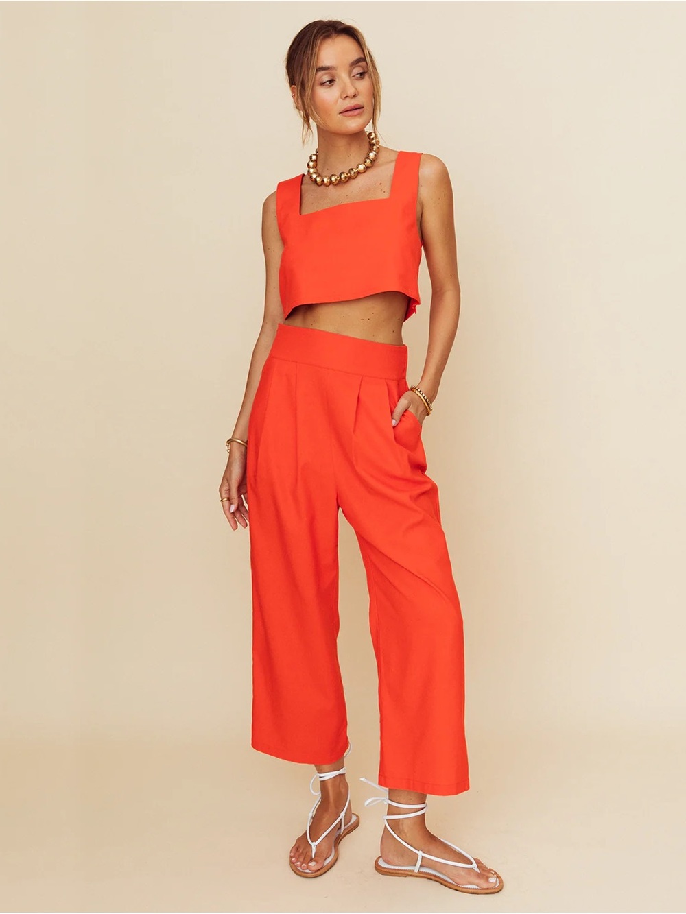 NWT Kourt Sabal Set- Crop Top & Wide-Leg Pants Set in Burnt/Bright Orange